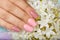 Hand with long artificial manicured nails colored with pink nail polish