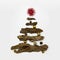 Hand made Christmas tree. Made with tree bark, chistmas balls and fir cones on white background. Minimal holiday and celebration