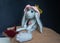 Hand made knitted sad hare. rabbit amigurumi. knitted toys