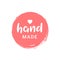 Hand made love logo icon. Circle label handmade stamp round background sticker.