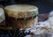 Hand-made Native American shaman drum made of buffalo hide with beads and fur