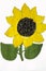 Hand-made picture of lovely sunflower. Painted with yellow and green gouache and glued black seeds. Art on the white background