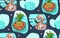 Hand made vector abstract textured summer time seamless pattern with pink tropical flamingo,pineapple in lifebuoy and