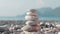 Hand making stone tower on sea beach. Meditation at summer holidays