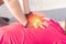 hand of man gesture First Aid Emergency CPR on a Man wearing red shirt after exercise on public park background who has