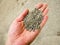 Hand of a man with a grounded concrete in a construction and demolition waste management plant