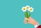 Hand of a man holds Spring Narcissus Flowers Background Vector Illustration