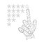 Hand of a man with an index finger putting down a rating of stars from abstract futuristic polygonal black lines and dots. Vector