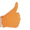 Hand of medic wearing a orange latex glove. Medical glove. Surgical glove. Covid-19 prevention concept