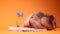 hand in medical glove takes hamster mouse near medical syringe with needle and bottle-phial isolated on orange