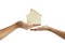 Hand of mother giving the wooden house model to daughter metaphor the legacy of real estate concept select focus shallow depth of