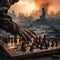 Hand move pieces of chess on chess board game and blur background of collapse city