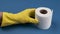 Hand moving toilet roll on blue background