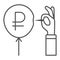 Hand with needle and ruble balloon thin line icon, economic sanctions concept, ruble currency symbol pierced with needle