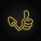 Hand ok, cartoon neon icon. Yellow neon vector icon