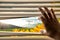 Hand opening blinds with beautiful landscape view