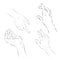 Hand outline collection. Drawn images of hands. Contour human palms, wrists, gestures on a white background. Vector illustration