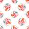 Hand Painted Bold Summer Bloom Floral Polka Dot Seamless Pattern. Pink Red Flower Circle White Background. Modern Bright Cut Out