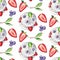 Hand painted cake with strawberry and blueberry seamless pattern on white background.