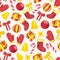 Hand painted christmas seamless pattern with watercolor balls, candies and xmas toys