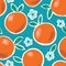 Hand Painted Colorful Abstract Oranges, Flowers and Leaves on Blue Background. Summer Fruits Vector Seamless Pattern