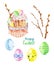 Hand painted Easter elements with easter cake in basket with colored chick eggs, willow tree branches. Easter symbols set