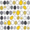 Hand painted eggs in rows yellow gray Easter pattern on white