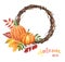 Hand painted fall wreath, pumpkin decor with red and yellow tree leaves and rowan berries. Rustic style