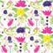 Hand painted floral damask in bright colors with layering and transparency effect. Fully editable vector seamless pattern