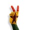 Hand painted in Ghanaian flag colors makes peace sign gesture
