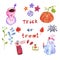 Hand painted Halloween magical symbols set on white background, isolated. Cute cartoon style.