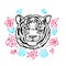 Hand painted head of a tiger and a Lily on white background