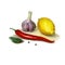 Hand painted illustration of the lemon, garlic, chilly pepper, bay leafes and two allspices on white background