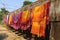 hand-painted indian sari fabric drying outdoors