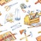 Hand painted men`s work illustration. Seamless pattern with carpentry tools. Watercolor toolbox, roulette, hammer