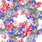 Hand painted merry christmas seamless pattern with watercolor Christmas tree, balls of blue colors, gifts and toys.