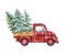 Hand painted red buffalo check Christmas pickup truck set and holiday fir trees with snow on branches. Watercolor winter