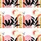 Hand painted seamless modern graphic pattern. Pink, coral, gold arches, stairs city landscape textile fabric print