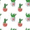 Hand painted seamless pattern with cactus . Summer botanical print with cute cacti house plants in flower pots on white background