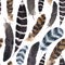 Hand painted seamless pattern with watercolor feathers.