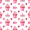 Hand painted seamless pattern with watercolor muffin, cake, marshmallow and red heart