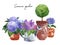 Hand painted set of outdoor garden flowers and plants in rustic pots. Watercolor hydrandeas, green bush, lilac in a watering can,