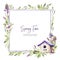 Hand painted square frame with Hyacinths flowers, leaves and birdhouse. Spring rustic watercolor illustration in violet