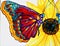 Hand painted vibrant watercolor butterflies on a yellow sunflower blossom.