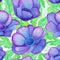 Hand painted watercolor blue green anemone seamless pattern background.