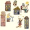 Hand painted watercolor corky city animals pattern