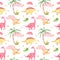 Hand painted watercolor dinosaurs seamless pattern with palm tree, on a white background. Dino background for children