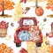 Hand painted watercolor fall seamless pattern with autumn trees, leaves, apples, red truck with pumpkin