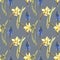 Hand painted watercolor floral pattern seamless blue grape hyacinth yellow daffodils narcissus dark blue background