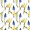 Hand painted watercolor floral pattern seamless blue grape hyacinth yellow daffodils narcissus white background